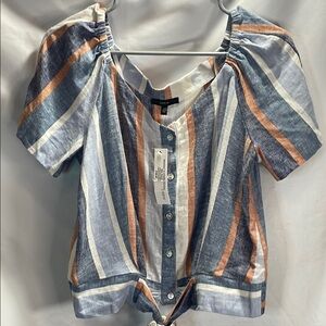 DREW Puff Sleeve Blouse in Blue and Orange with Tie Front